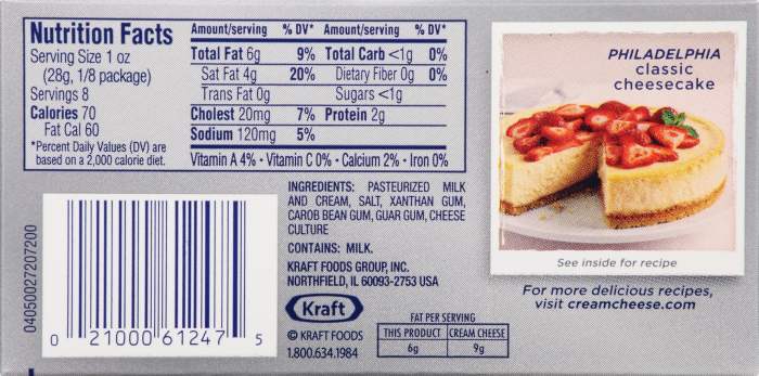 Nutrition information cream cheese